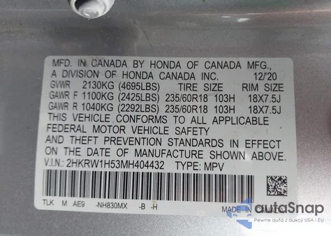 2021 Honda Cr-V 2Wd Ex z USA, uszkodzony, nr VIN 2HKRW1H53MH404432